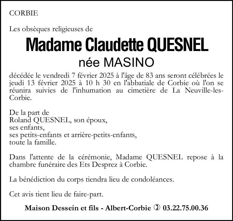 Avis de décès de Madame Claudette QUESNEL née MASINO