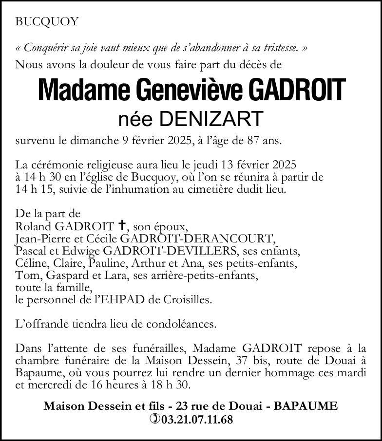 Avis de décès de Madame Geneviève GADOIT