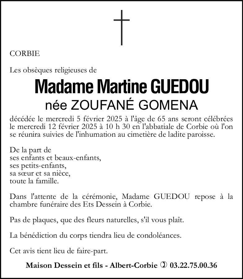 Avis de décès de Madame Martine GUEDOU