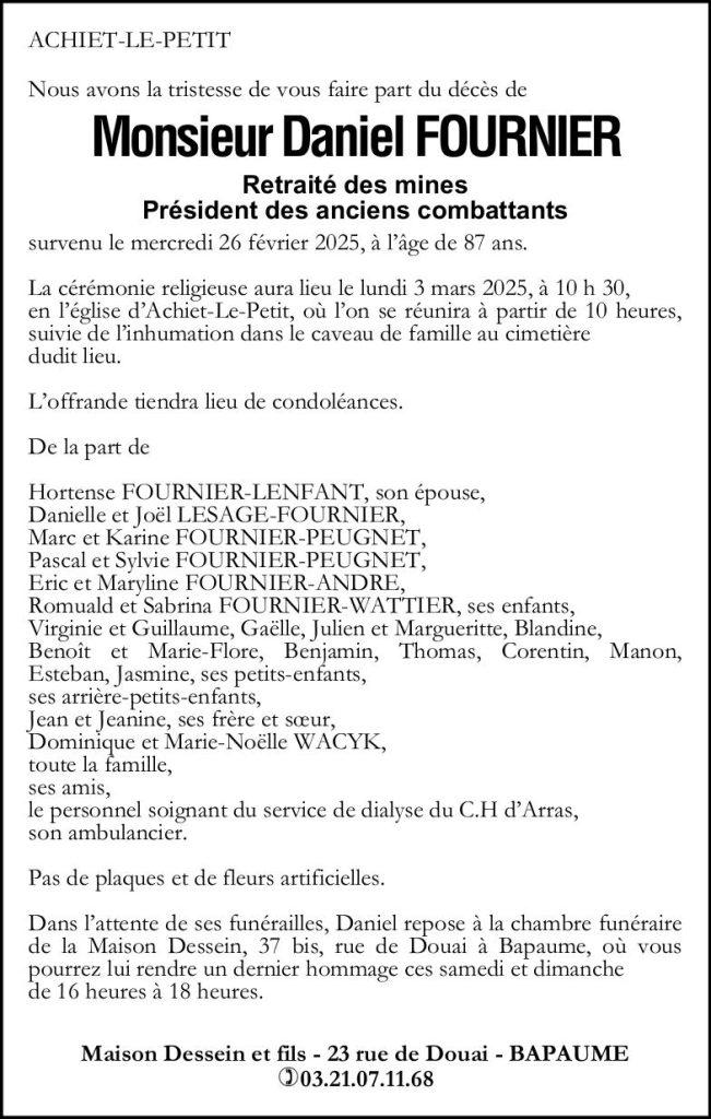 Avis de décès de Monsieur Daniel FOURNIER