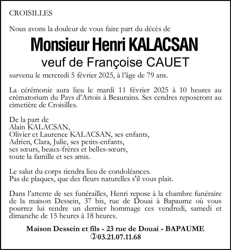 Avis de décès de Monsieur Henri KALACSAN