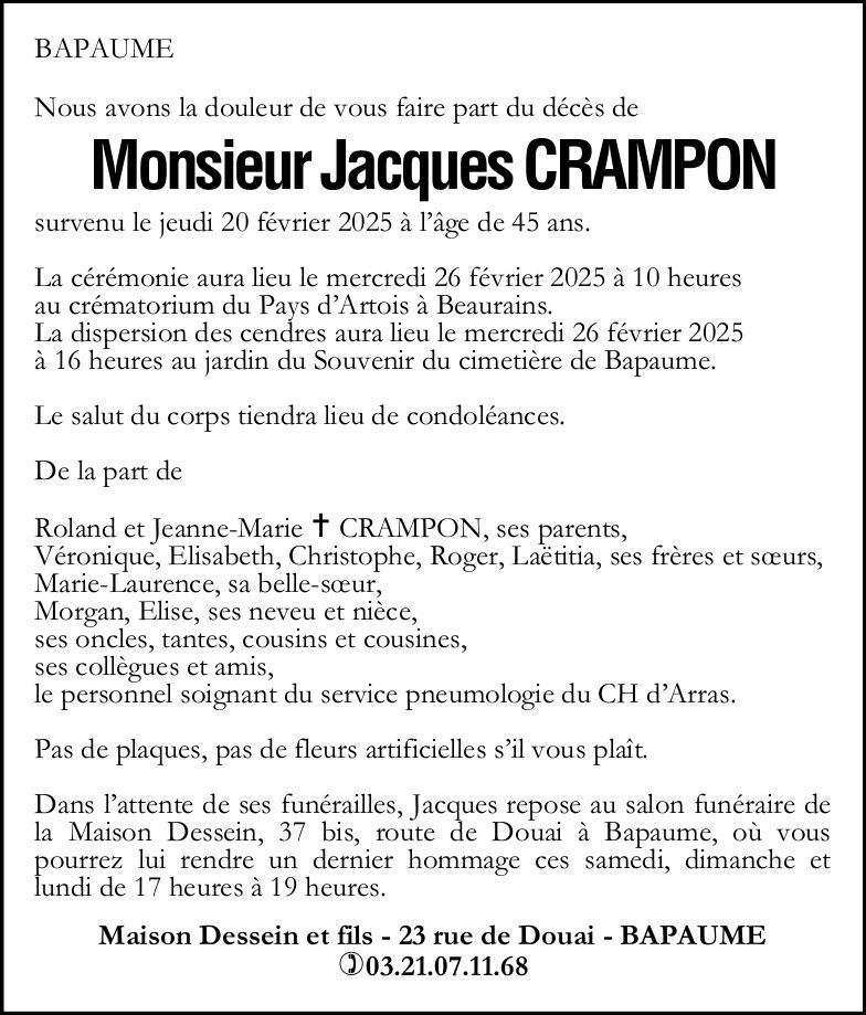 Avis de décès de Monsieur Jacques CRAMPON