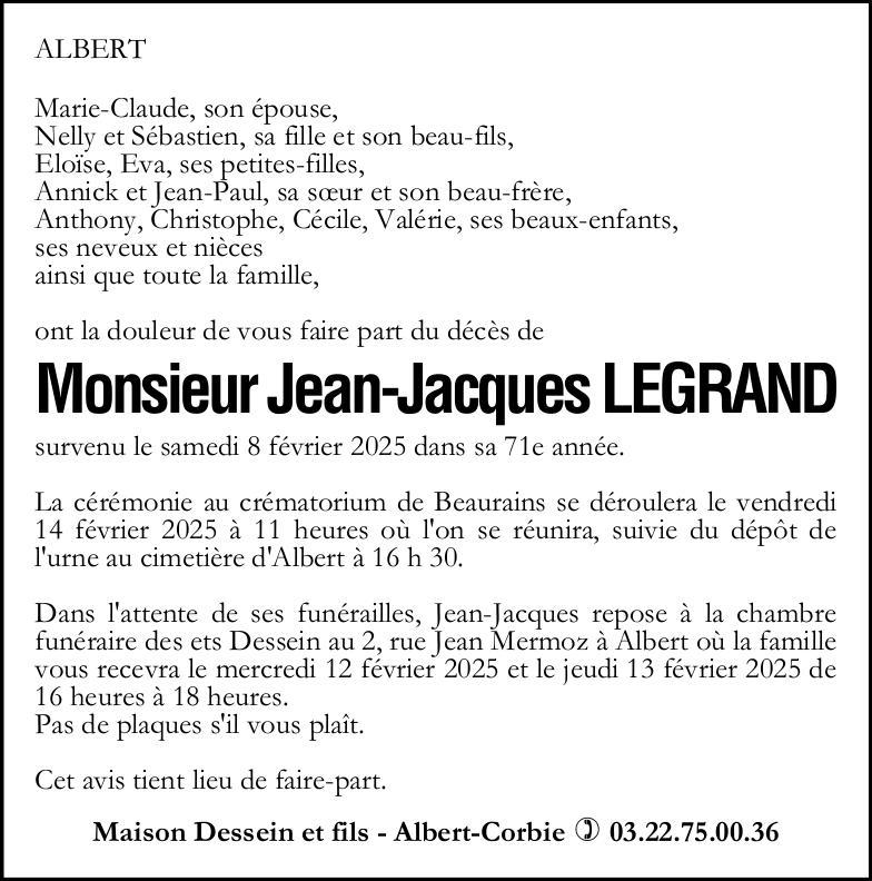 Avis de décès de Monsieur Jean-Jacques LEGRAND
