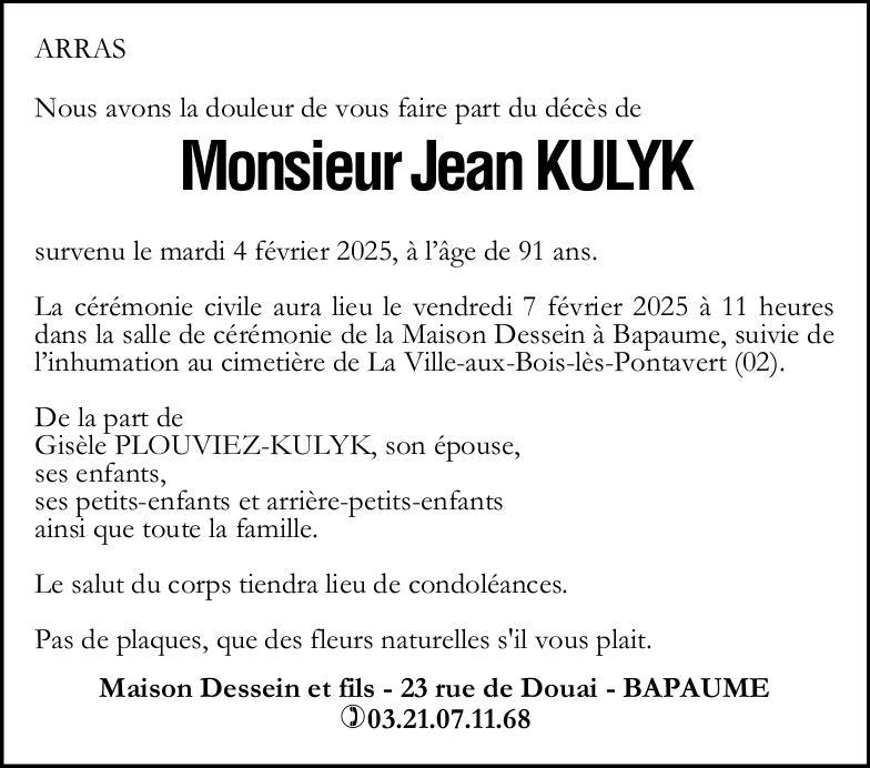 Avis de décès de Monsieur Jean KULYK