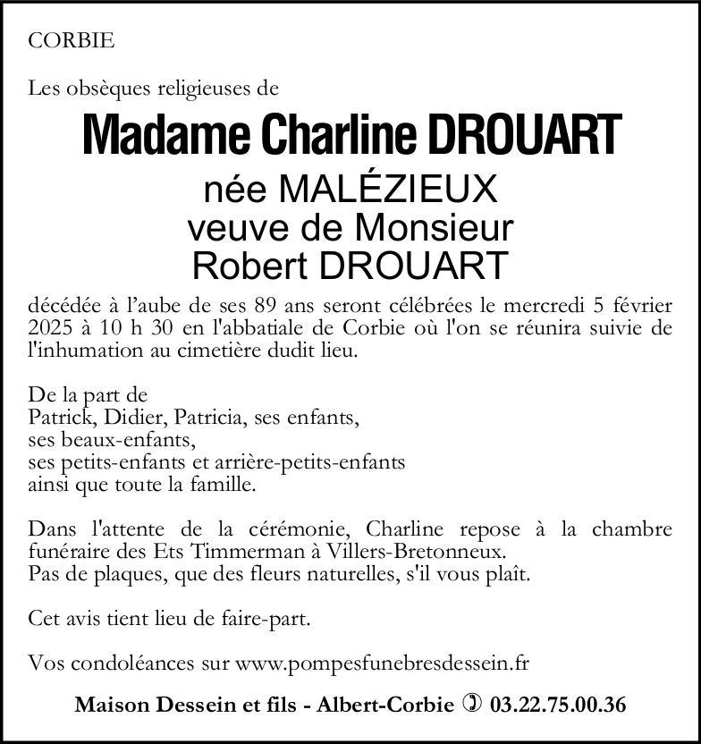 avis de décès de Madame Charline DROUART née MALEZIEUX