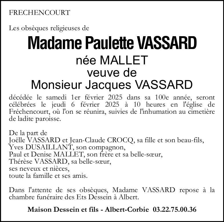 avis de décès de Madame Paulette VASSARD