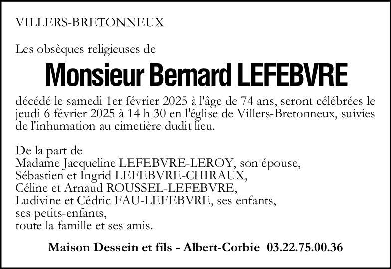 avis de décès de Monsieur Bernard LEFEBVRE