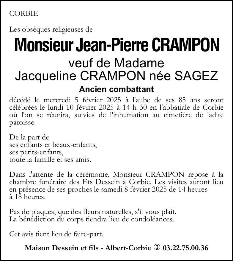 avis de décès de Monsieur Jean-Pierre CRAMPON