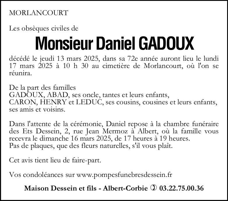 Avis de décès Daniel GADOUX