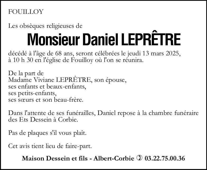Avis de décès Daniel LEPRÊTRE