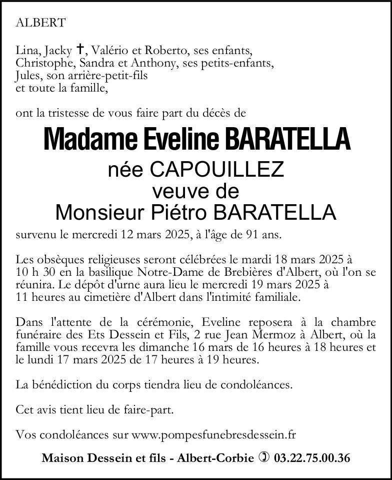 Avis de décès Eveline BARATELLA