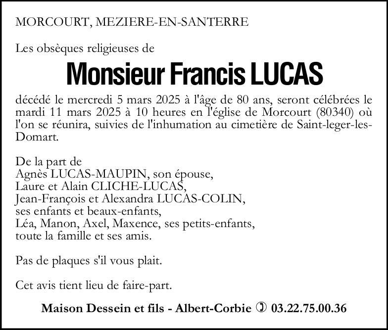 Avis de décès Francis LUCAS