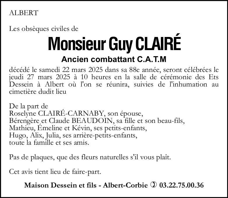 Avis de décès Guy CLAIRE