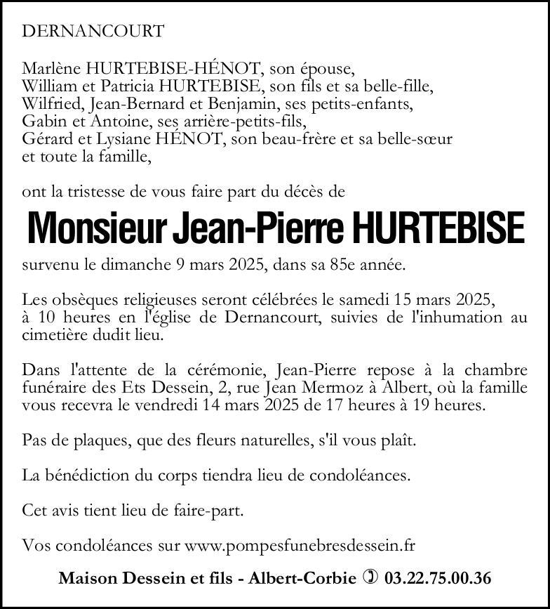 Avis de décès Jean-Pierre HURTEBISE