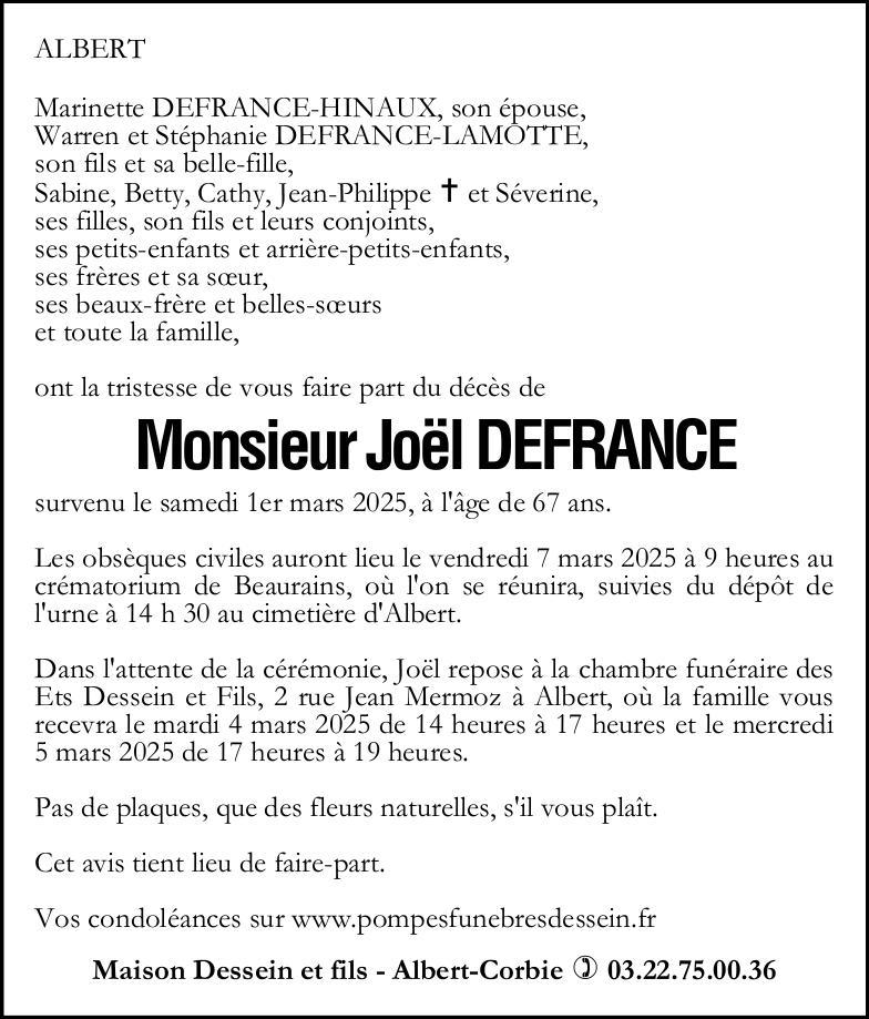Avis de décès Joël DEFRANCE