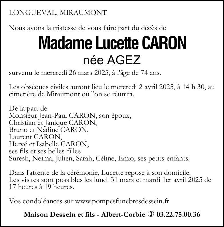 Avis de décès Lucette CARON