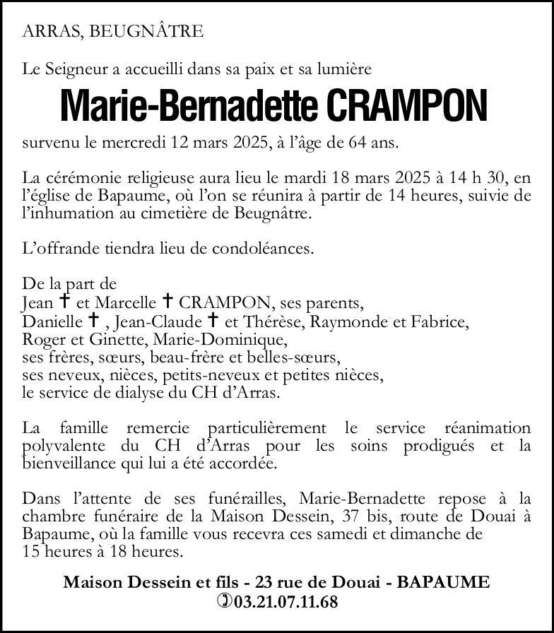 Avis de décès - Madame Marie-Bernadette CRAMPON