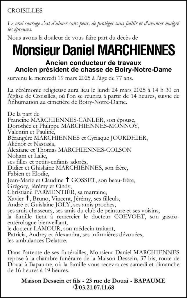 Avis de décès - Monsieur Daniel MARCHIENNES