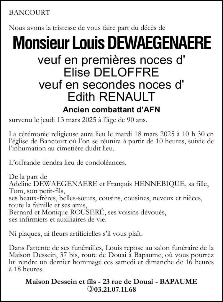 Avis de décès - Monsieur Louis DEWAEGENAERE