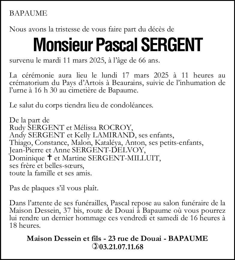 Avis de décès - Monsieur Pascal SERGENT