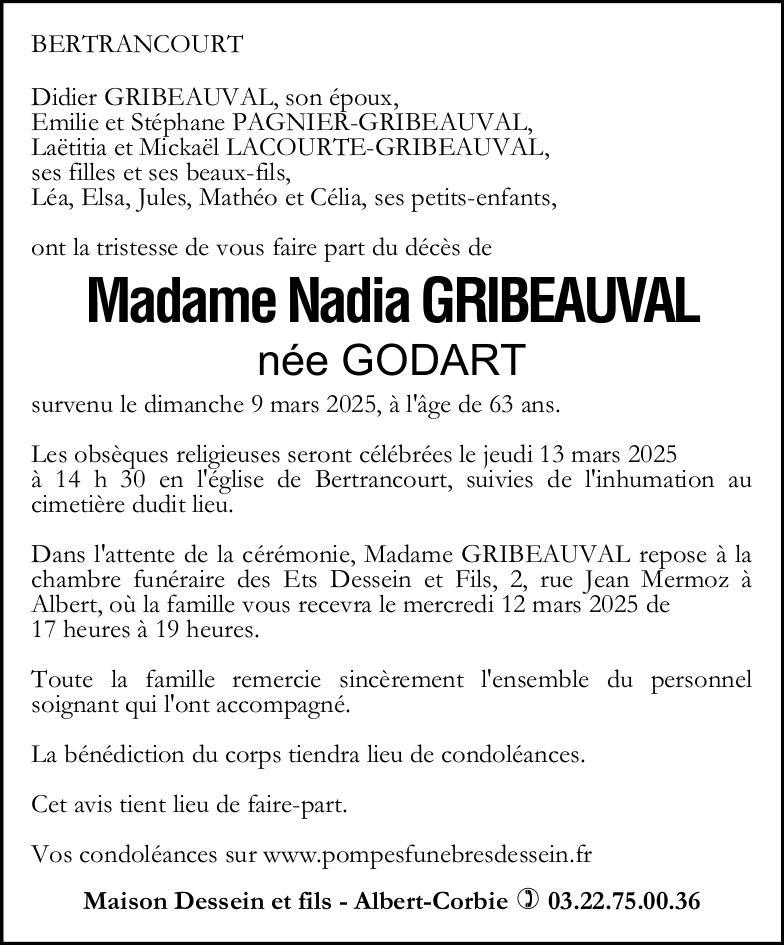 Avis de décès Nadia GRIBEAUVAL