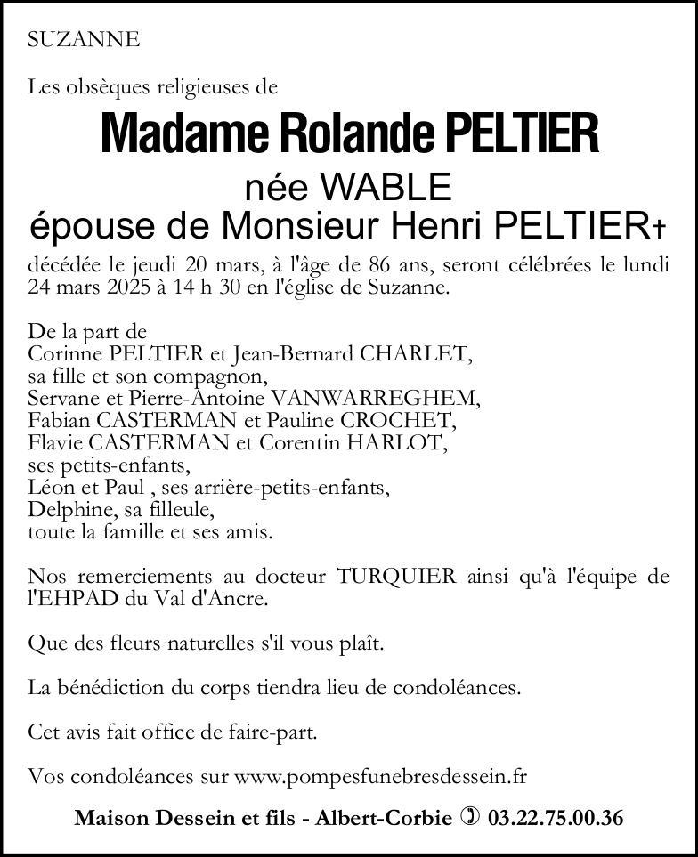 Avis de décès Rolande PELTIER