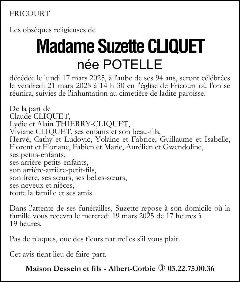 Avis de décès Suzette CLIQUET