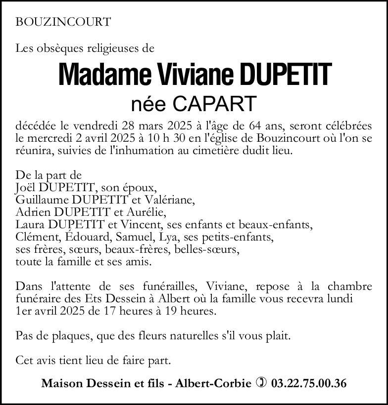 Avis de décès Viviane DUPETIT