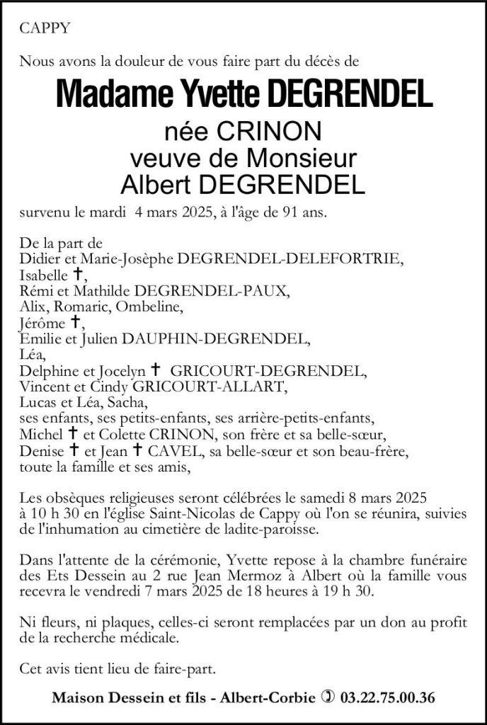 Avis de décès Yvette DEGRENDEL