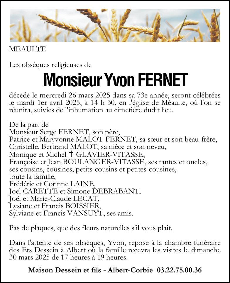 Avis de décès Yvon FERNET