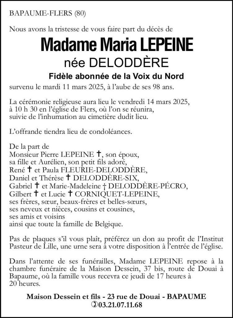 Avis de décès de Madame Maria LEPEINE