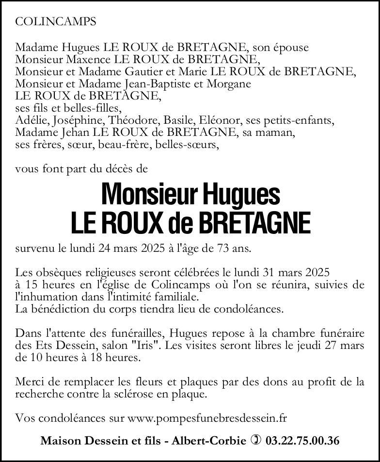 Avis de décès de Monsieur Hugues LE ROUX DE BRETAGNE