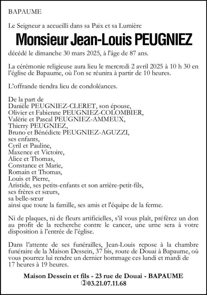 Avis de décès de Monsieur Jean-Louis PEUGNIEZ