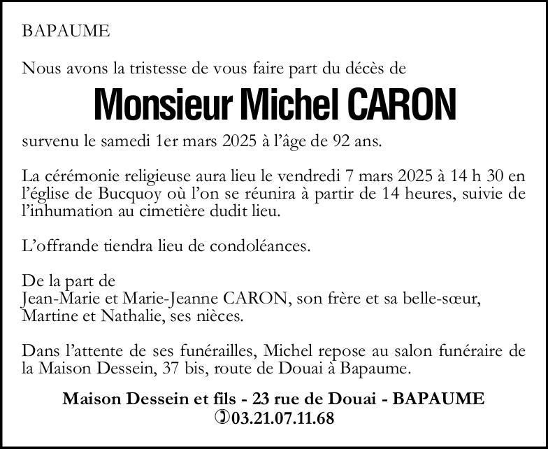 Avis de décès de Monsieur Michel CARON