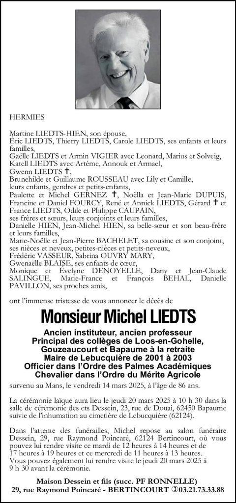Avis de décès de Monsieur Michel LIEDTS
