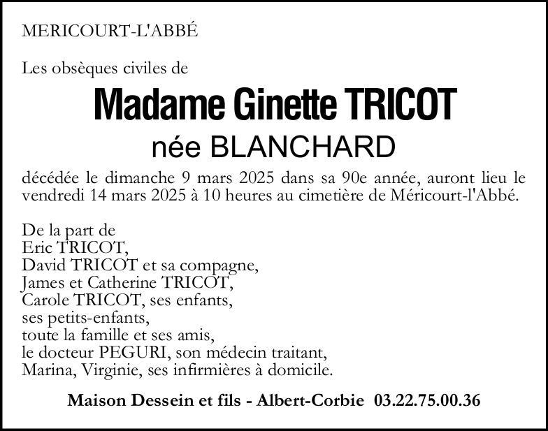 avis de décès de Mme Ginette TRICOT née BLANCHARD