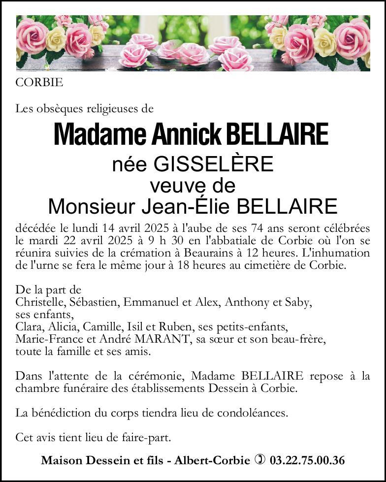 Avis de décès Annick BELLAIRE