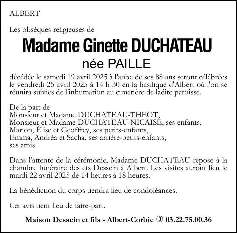Avis de décès Ginette DUCHATEAU