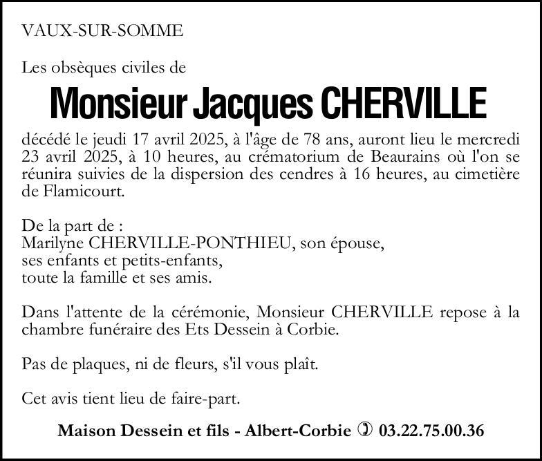 Avis de décès Jacques CHERVILLE