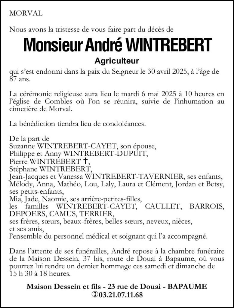 Avis de décès - Monsieur André WINTREBERT