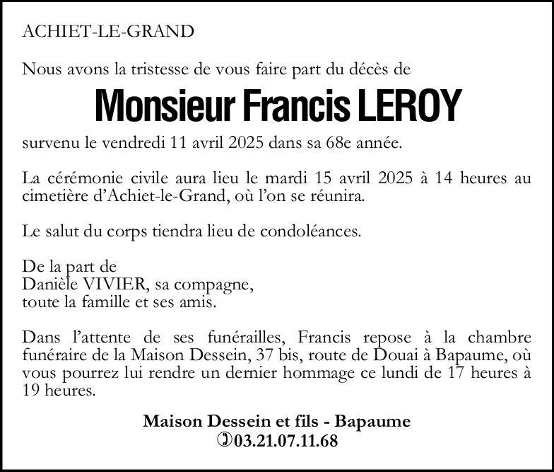 Avis de décès - Monsieur Francis LEROY