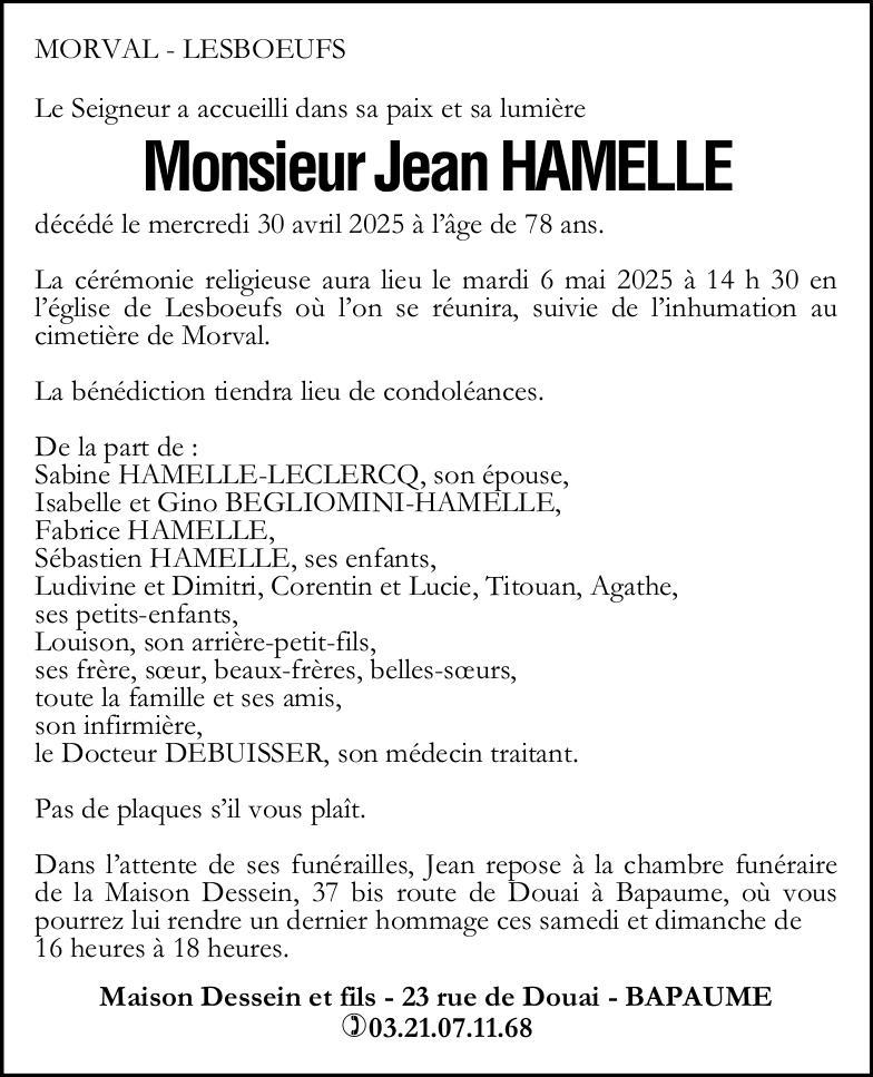 Avis de décès - Monsieur Jean HAMELLE