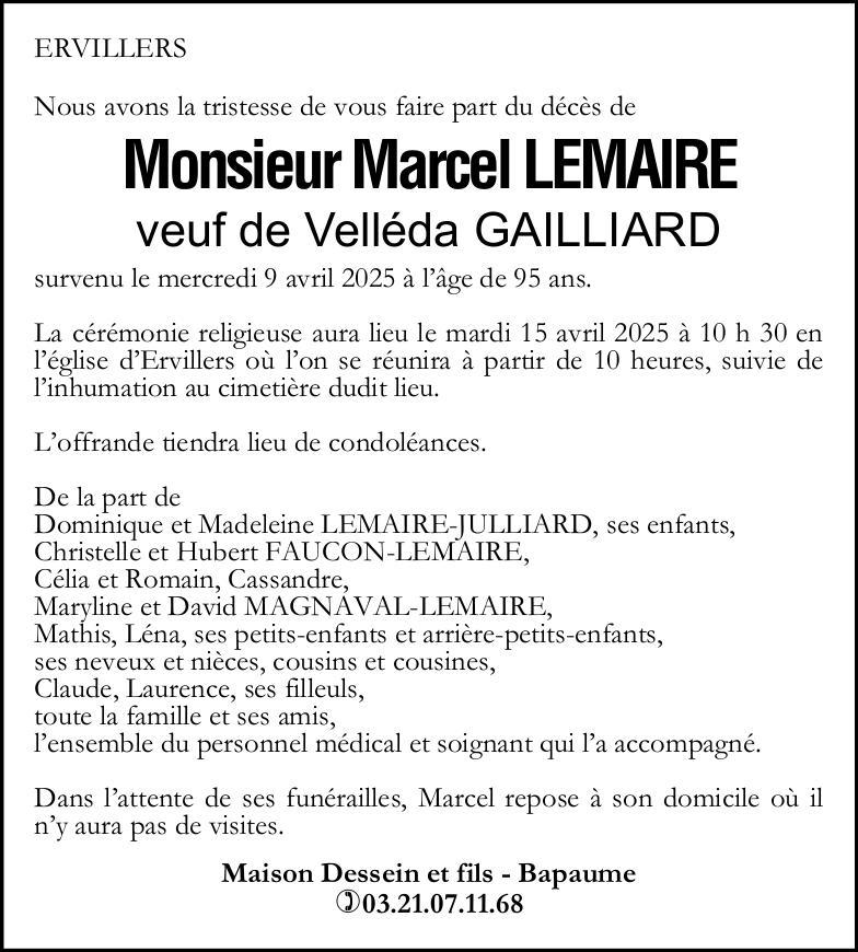 Avis de décès - Monsieur Marcel LEMAIRE