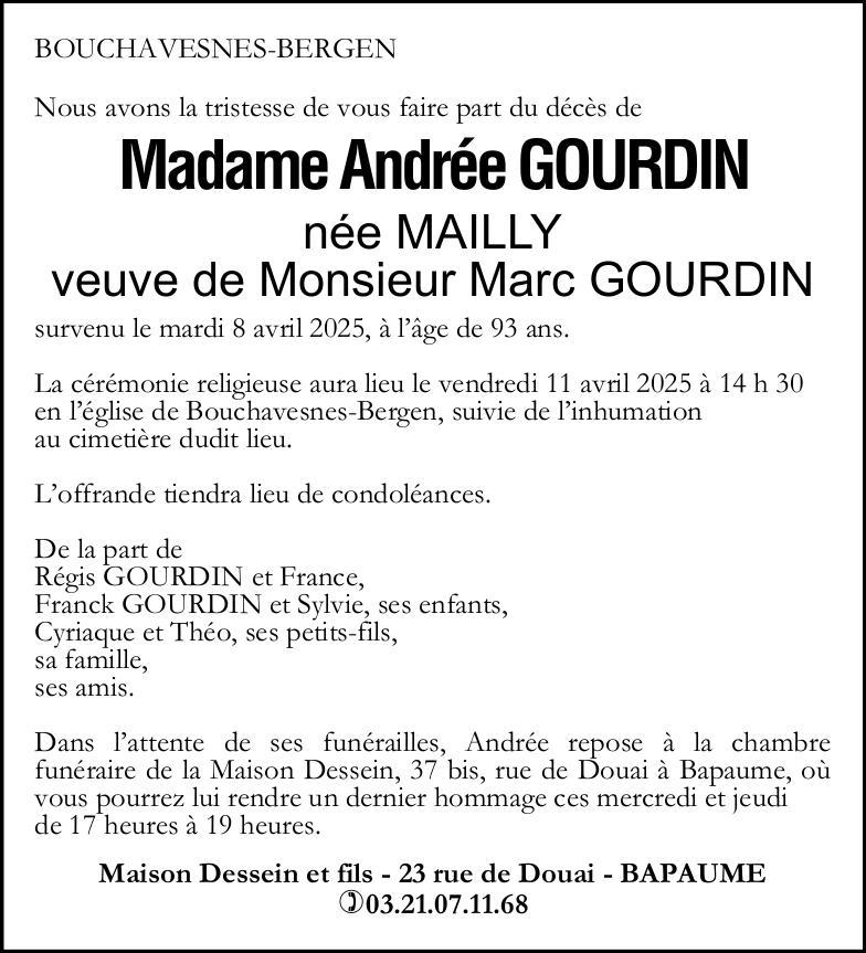 Avis de décès de Madame Andrée GOURDIN