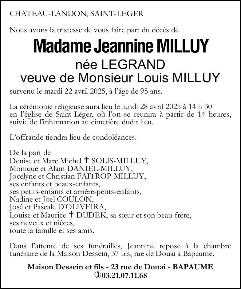 Avis de décès de Madame Jeannine MILLUY née LEGRAND