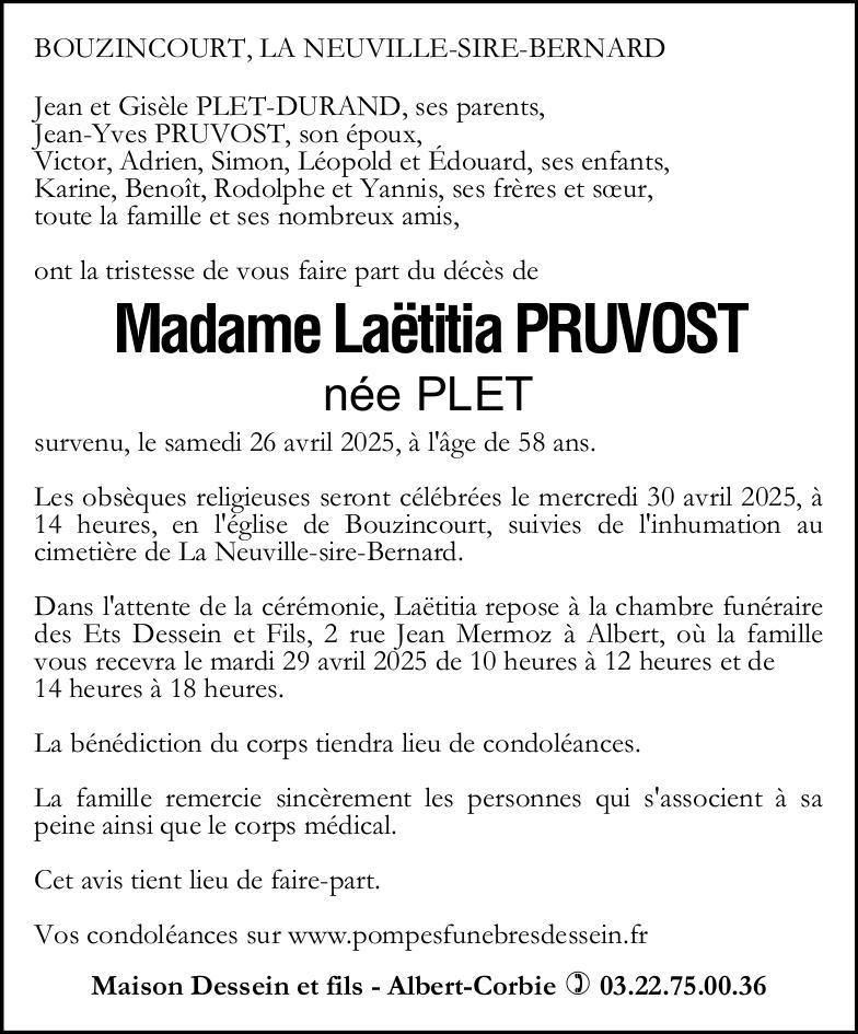Avis de décès de Madame Laetitia PRUVOST