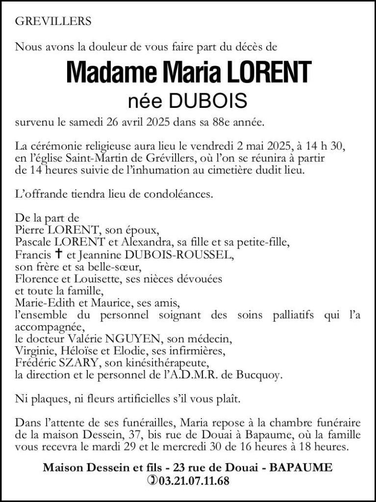 Avis de décès de Madame Maria LORENT