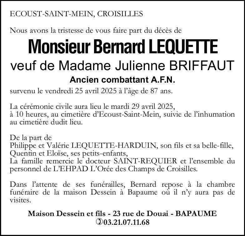Avis de décès de Monsieur Bernard LEQUETTE