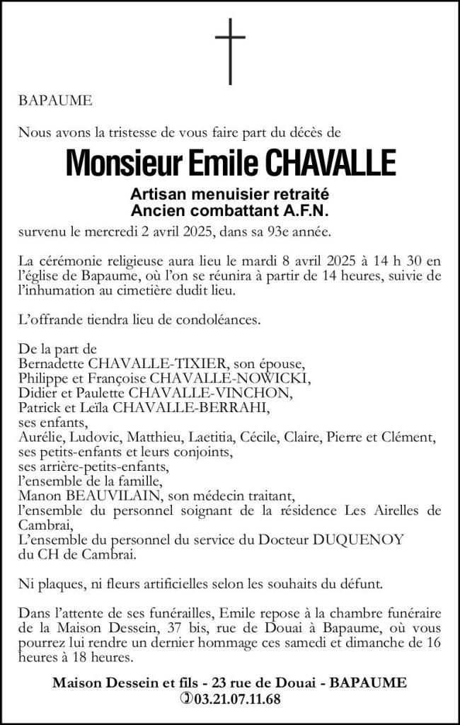 Avis de décès de Monsieur Emile CHAVALLE