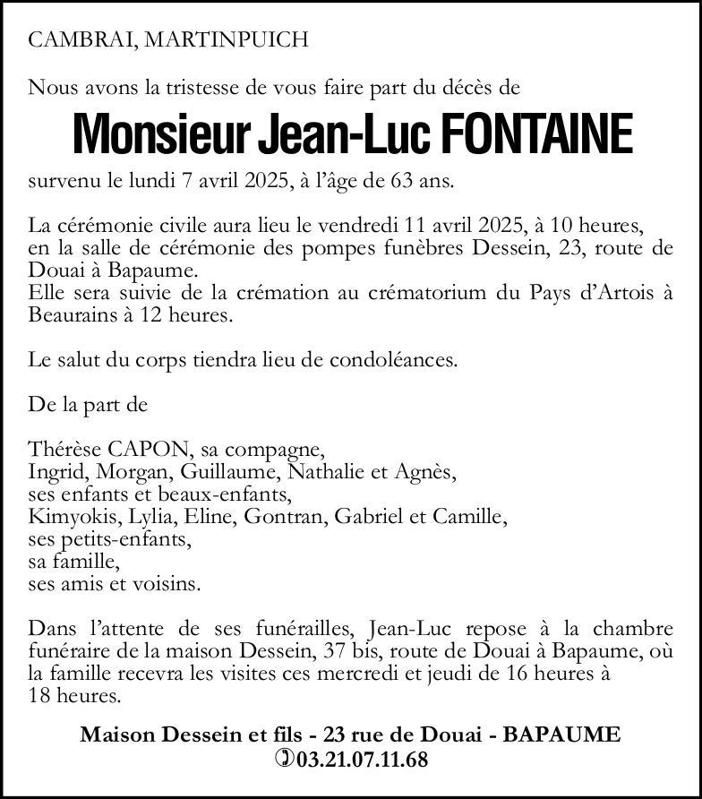Avis de décès de Monsieur Jean-Luc FONTAINE